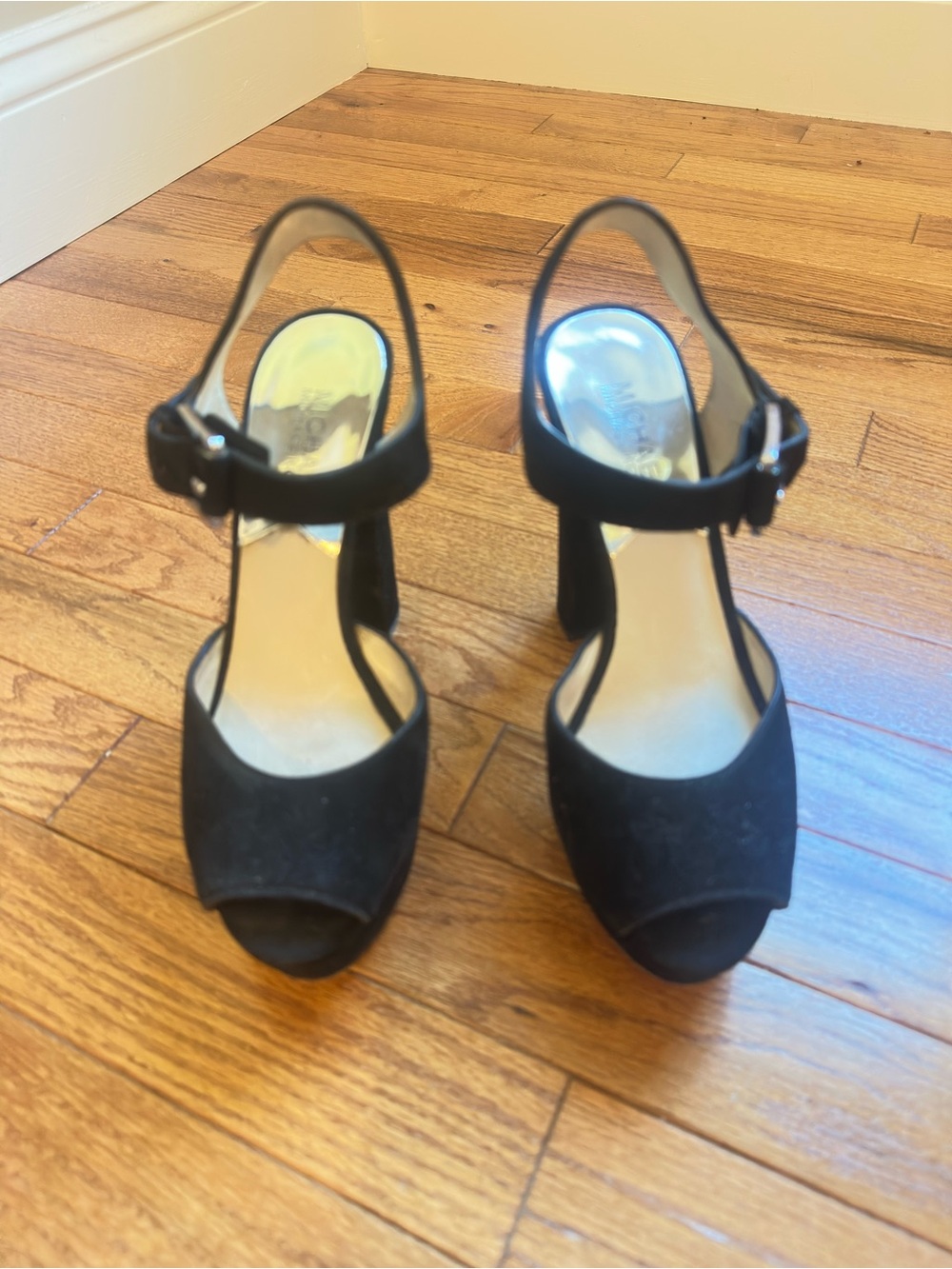Michael Kors Black Suede Peep-Toe Platform Sandals with Ankle Strap